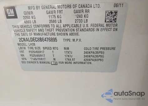2011 Chevrolet Equinox 1Lt from USA, damaged, VIN 2CNALDEC8B6476895